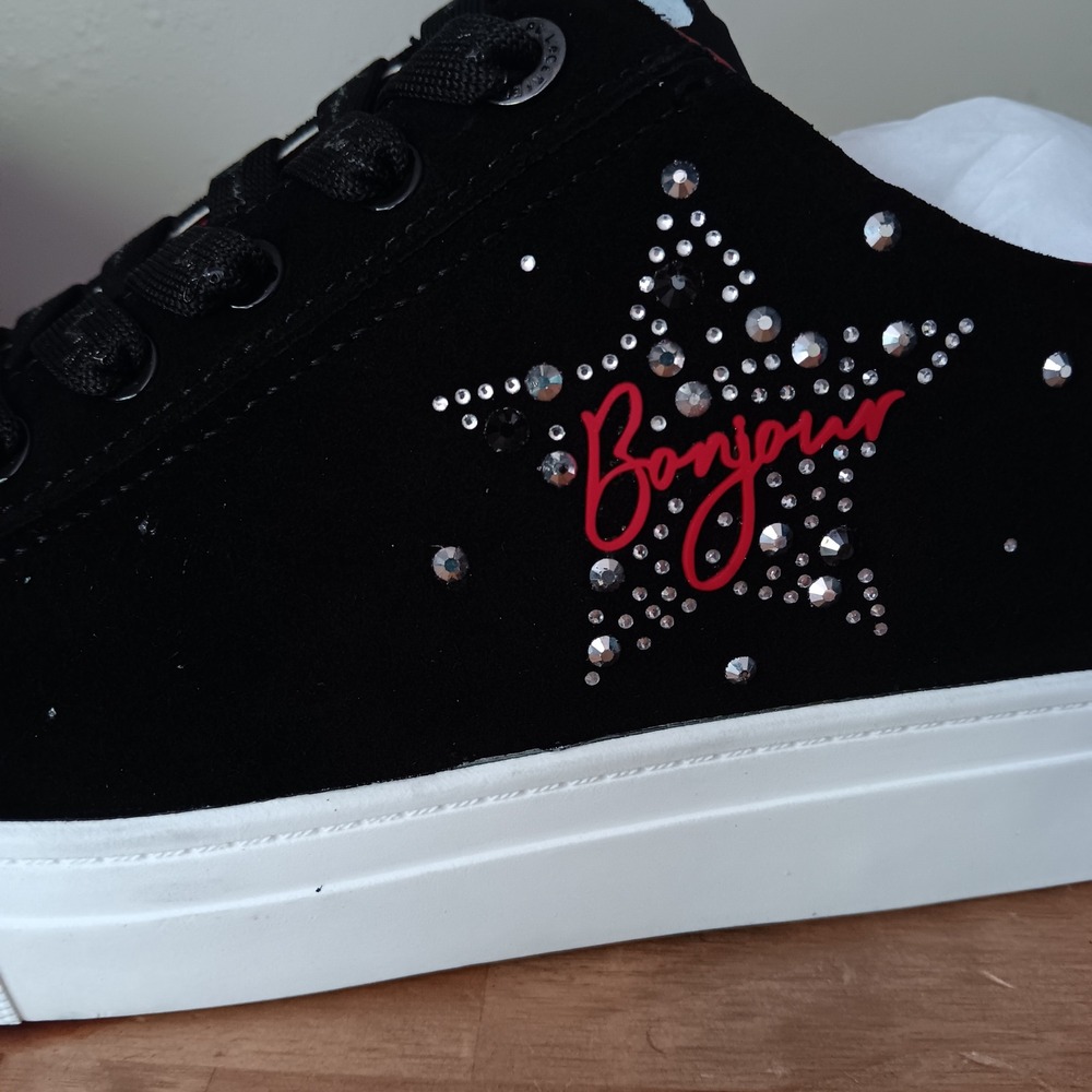 Karl Lagerfeld Paris Cate Sayings Sneakers Womens 9.5 Black Ruby Rhinestone - Picture 8 of 9